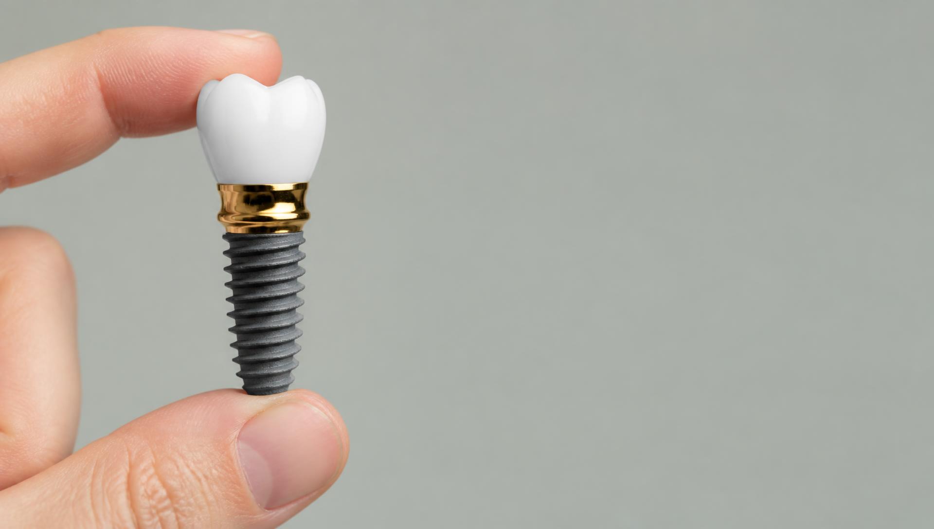 Close-up of a single titanium dental implant with a porcelain crown held in a gloved hand